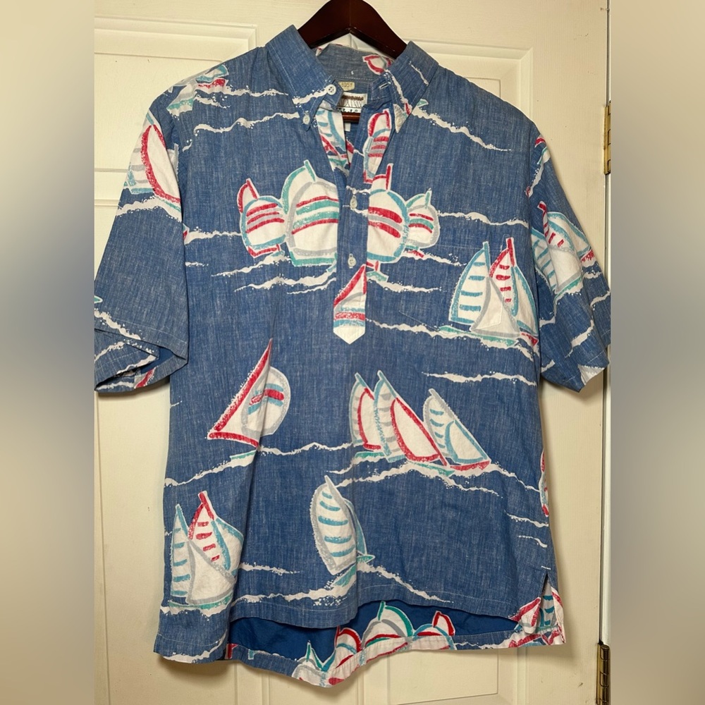 VTG Kahala Mens Hawaiian Shirt Large Blue Sailboats 1/4 Button Collared Pullover
